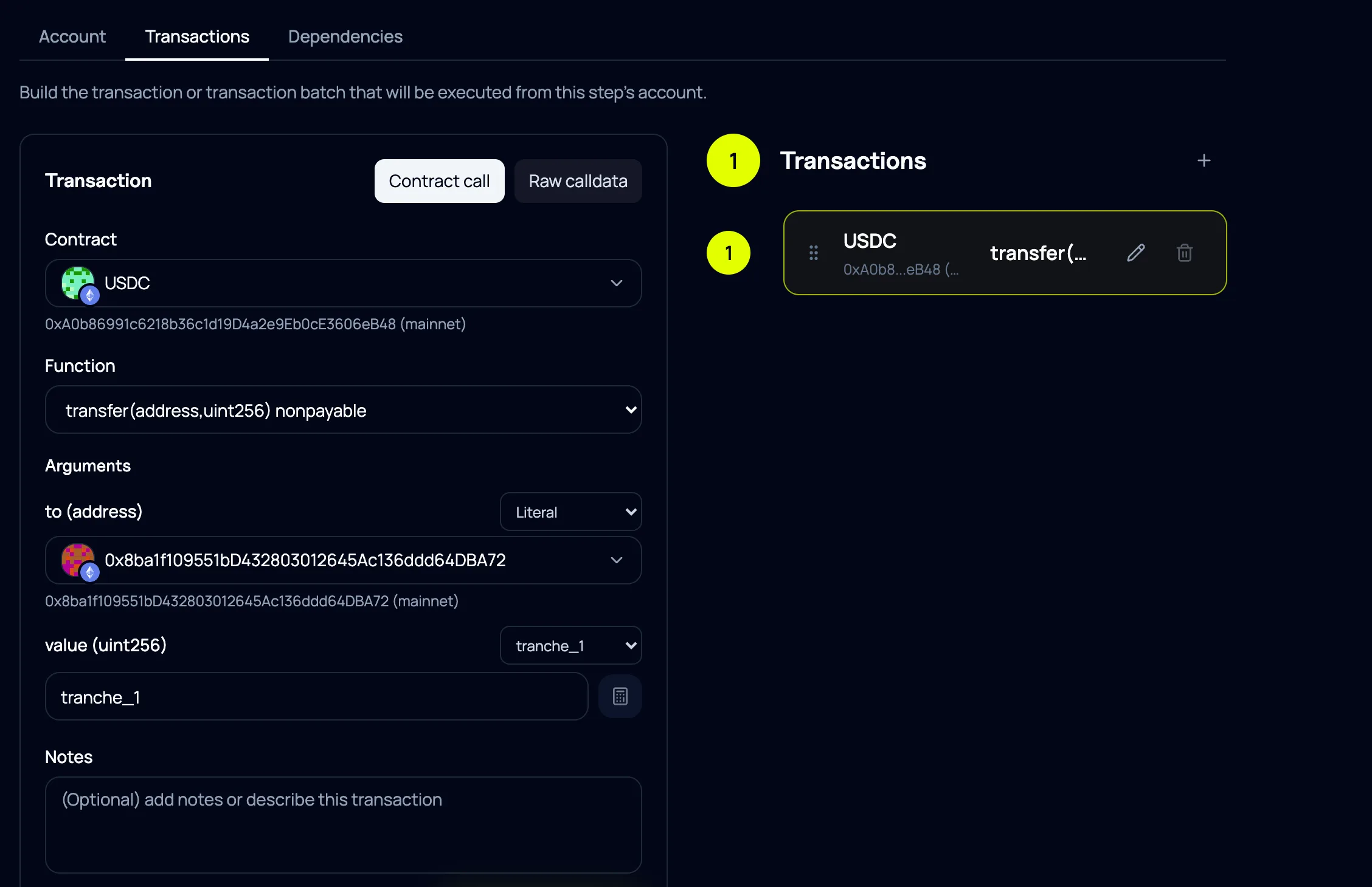 txcast transaction builder with a USDC transfer call, typed arguments, and workflow variables